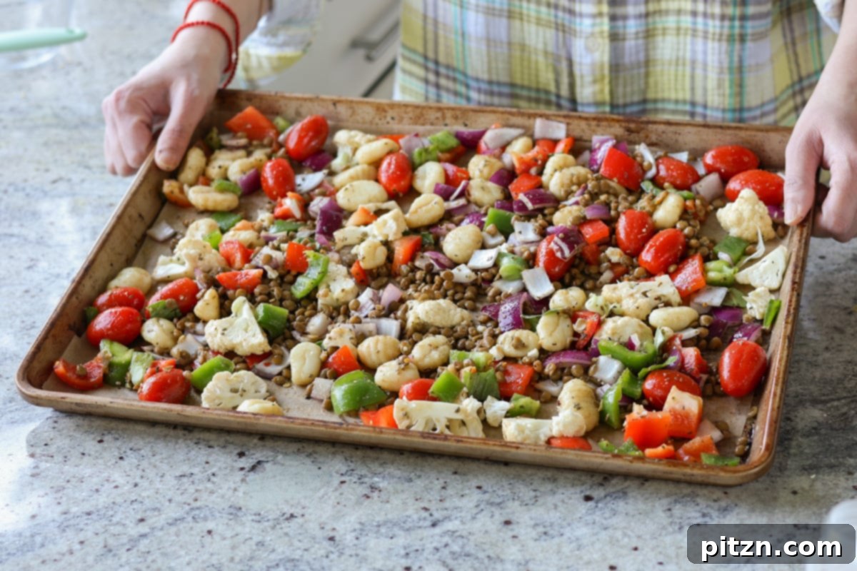 One-Pan Mediterranean Gnocchi: No Boil, Big Flavor 12 The sheet pan gnocchi and vegetables after the first baking phase, partially crisped and softened.