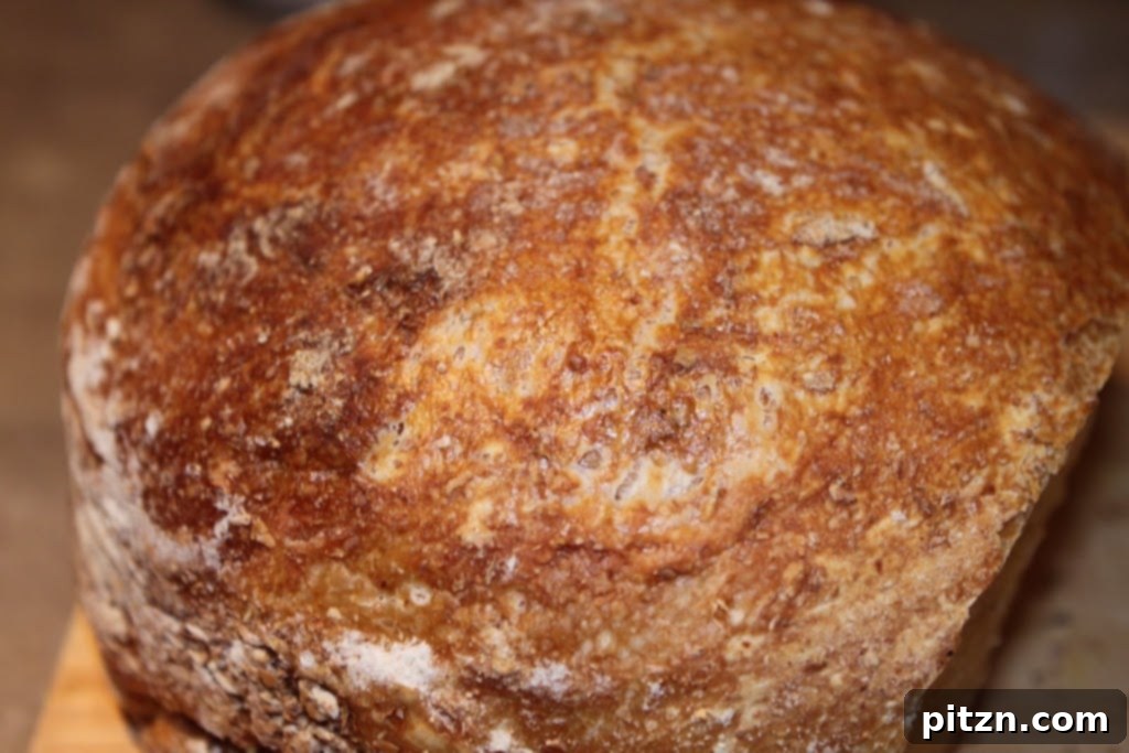 Effortless Homemade Bread 3 Freshly baked no-knead bread cooling on a wire rack.