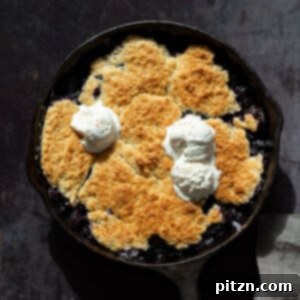 Our delicious Vegan Blueberry Cobbler, baked to perfection in a cast iron skillet, showcasing the golden-brown topping and juicy blueberry filling.
