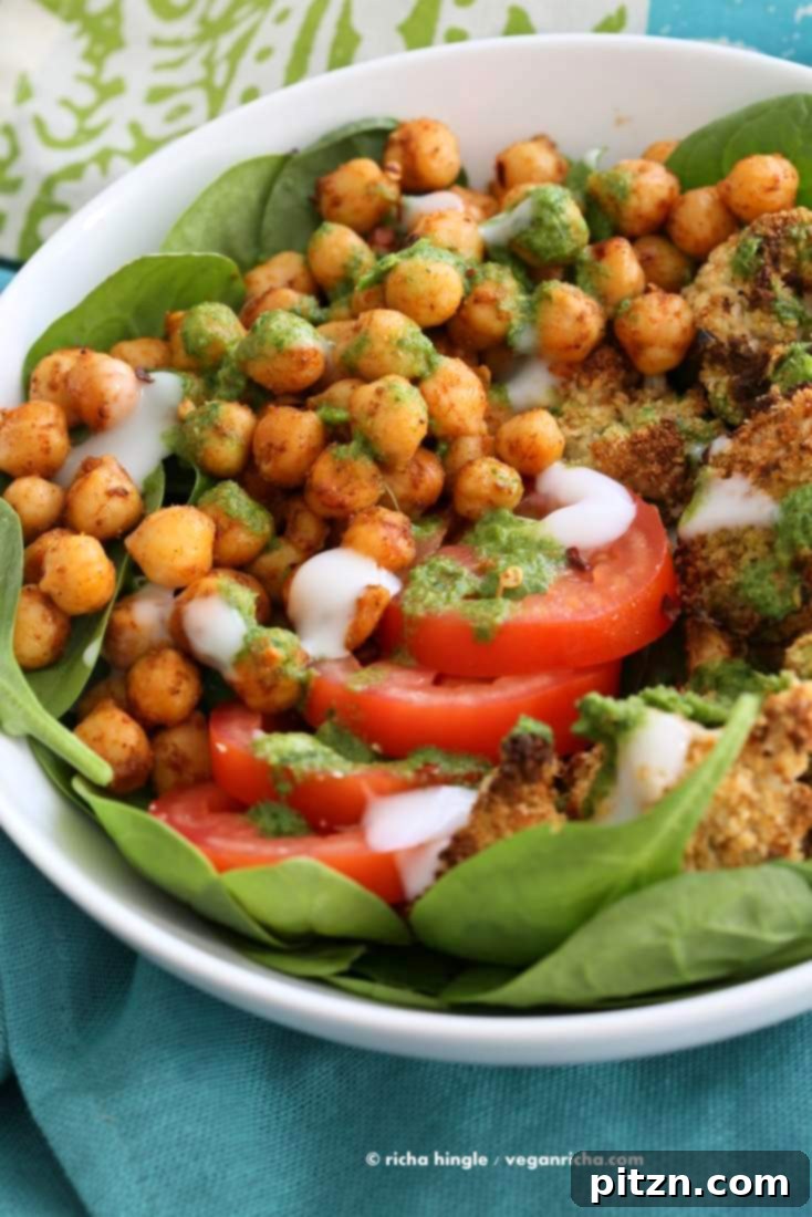 Vibrant Moroccan Harvest Bowl with Zesty Herb Drizzle 5 Moroccan Chickpea Cauliflower Bowl with Herb sauce | Vegan Richa