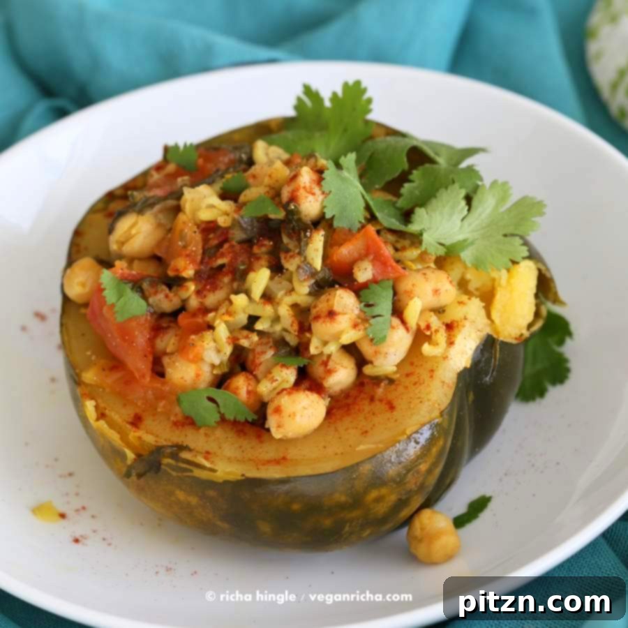 Quick Curried Chickpea Stuffed Acorn Squash 5 Close-up of Curried Chickpea Stuffed Acorn Squash ready to eat, showing texture