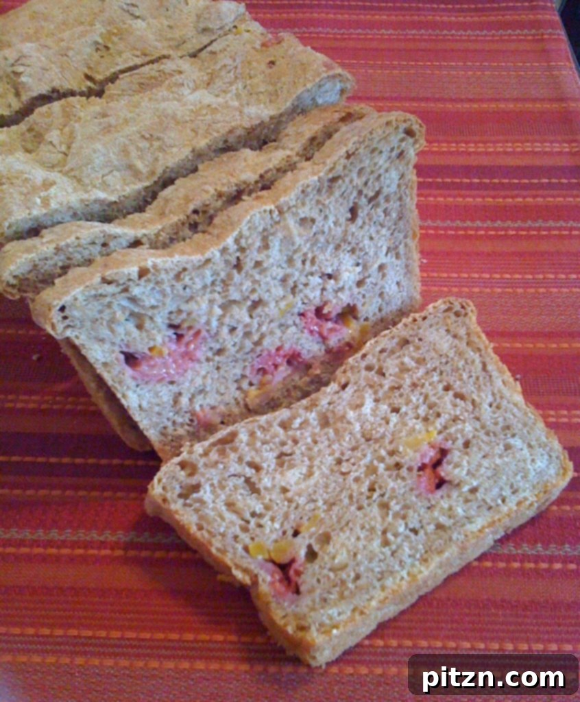 Wholesome Mango Raspberry Wheat Loaf 2 A vibrant slice of Mango and Raspberry Wheat Bread, showcasing the colorful fruit chunks within the golden crust.