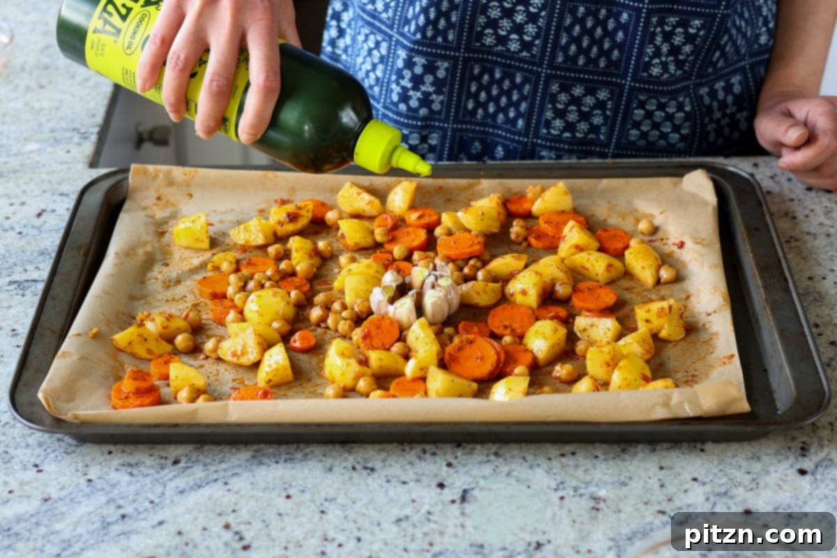 Adding oil to the veggies before roasting