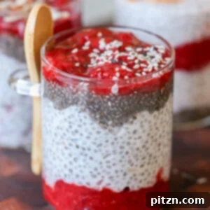 Strawberry chia pudding topped with hemp seeds (square image).
