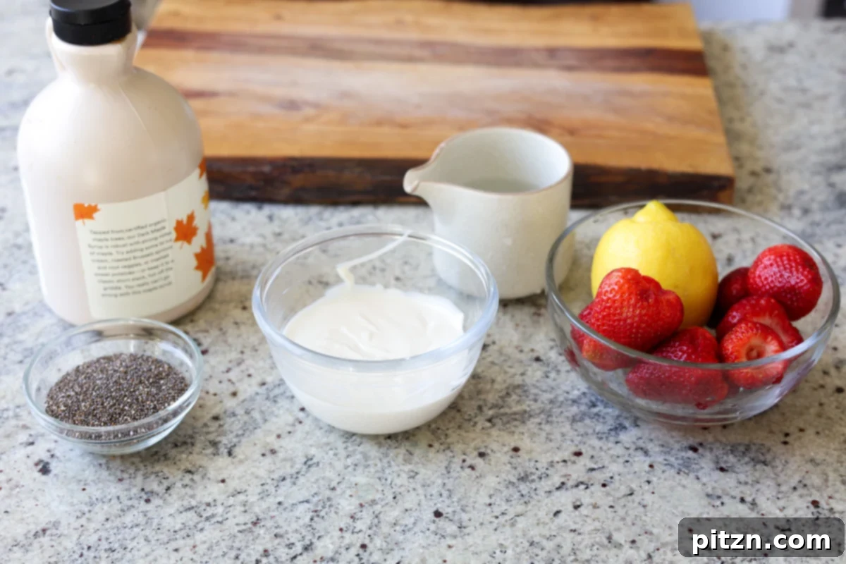 strawberry chia seed pudding ingredients laid out