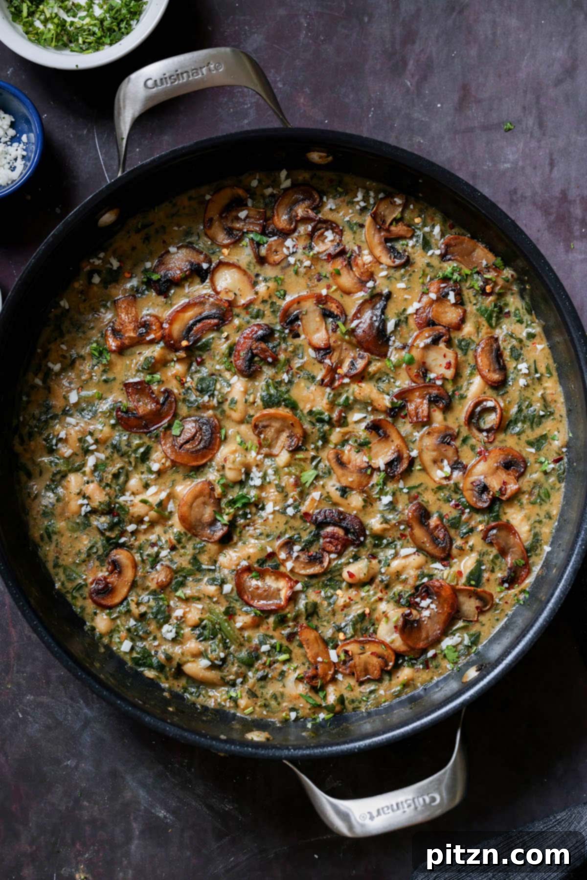 Spinach Mushroom Beans in a pan