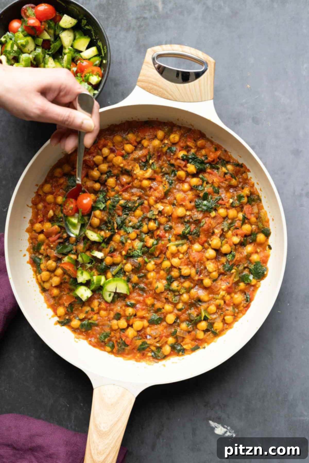 Peri Peri Pan Roasted Chickpeas 2 adding the salsa to the peri-peri chickpeas in the pan after cooking