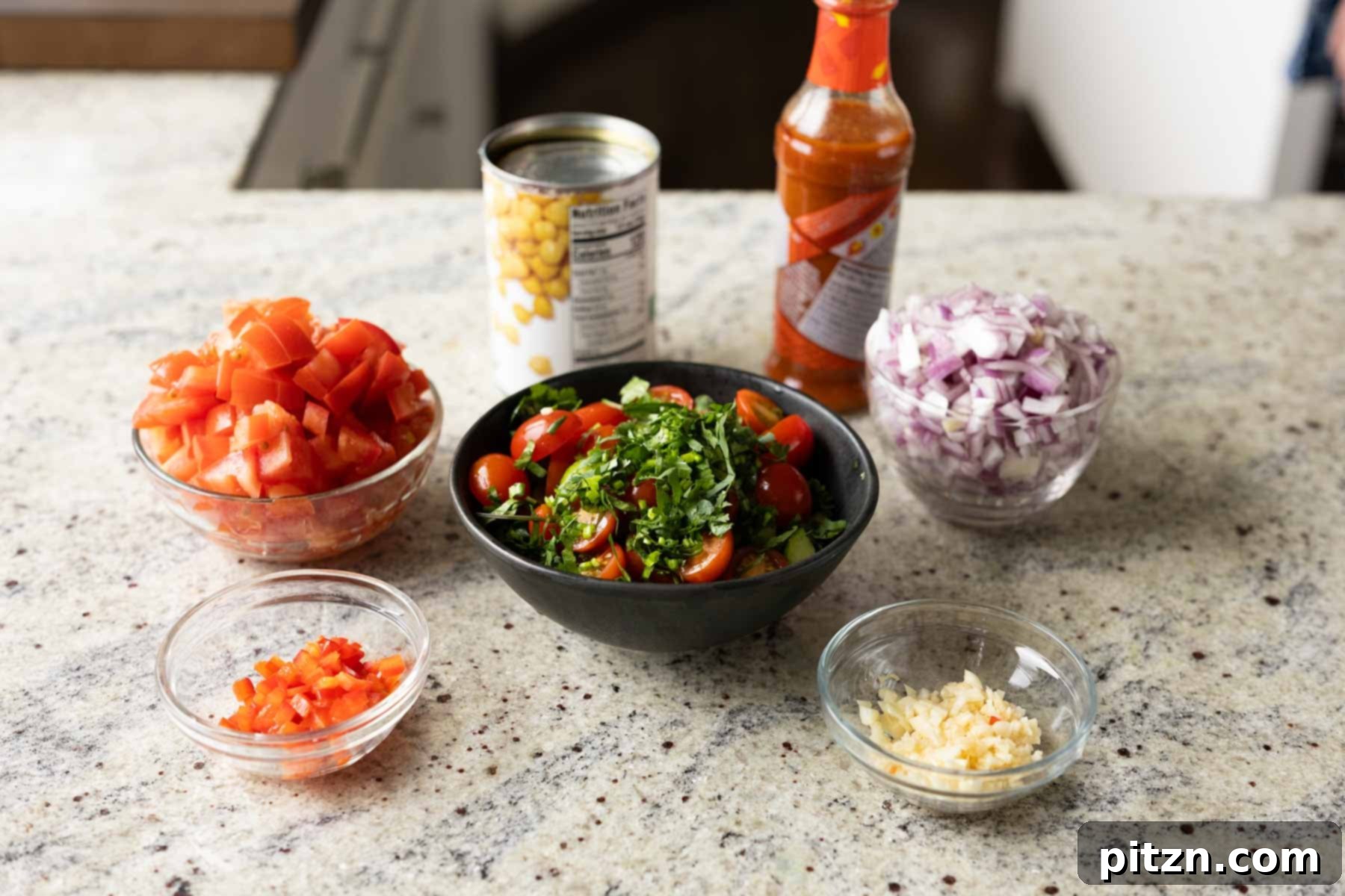 Peri Peri Pan Roasted Chickpeas 8 peri-peri chickpeas ingredients on the kitchen counter