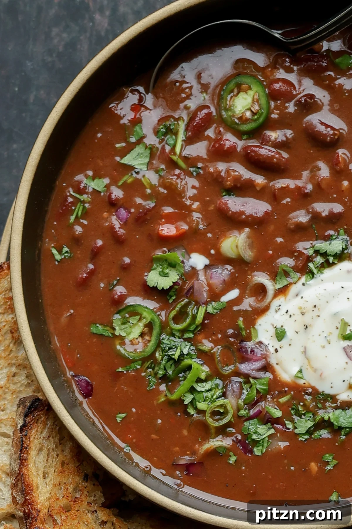 close-up of kidney bean chili in a bowl