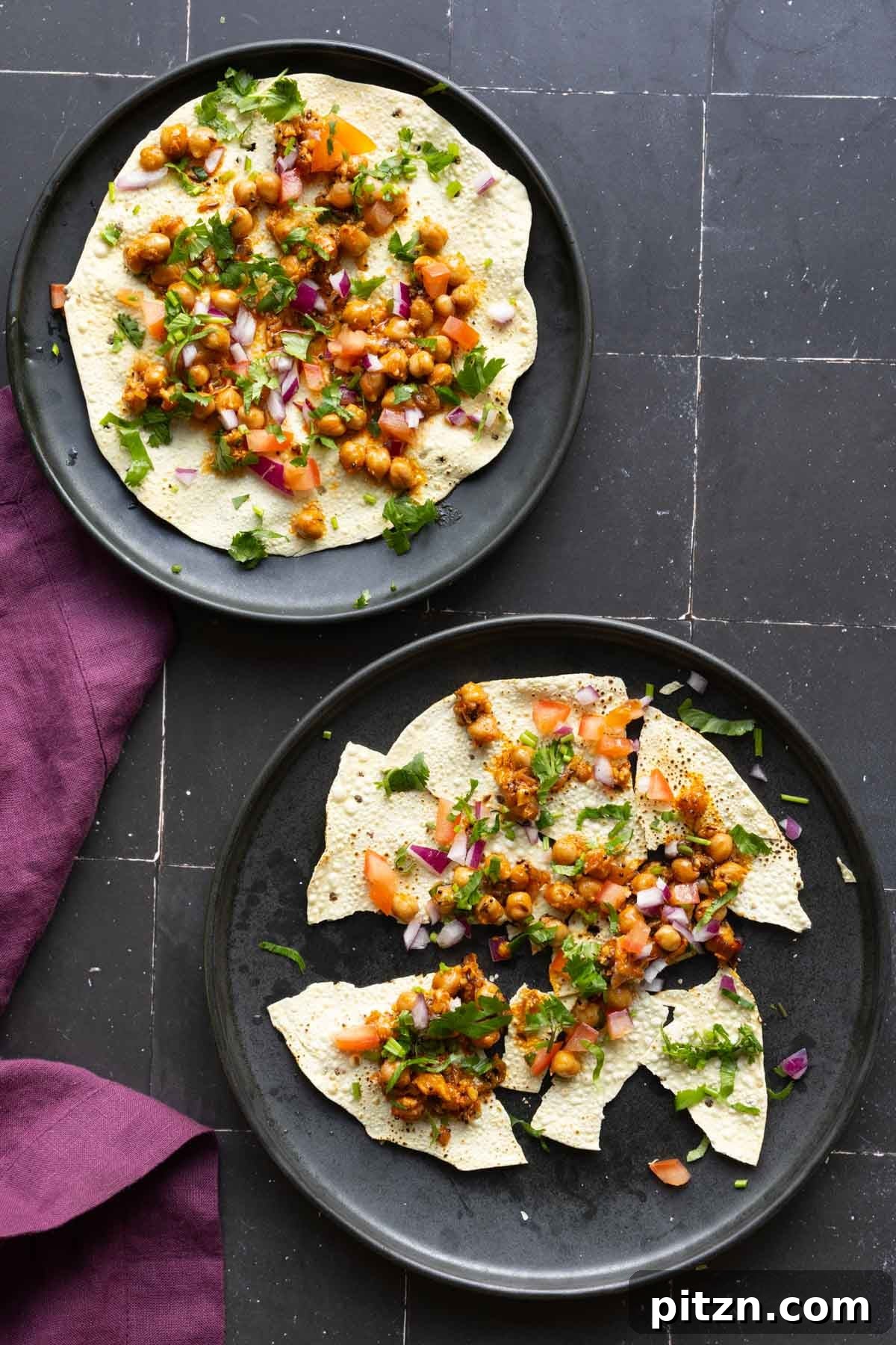 papadum nachos made with chili garlic chickpeas and crispy potatoes