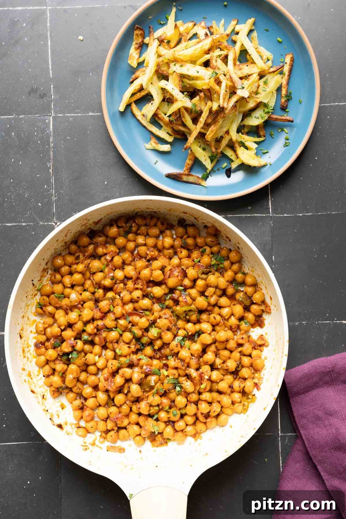 chili garlic chickpeas and crispy potatoes after cooking
