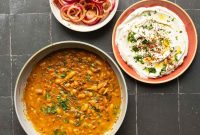 Chili Ginger Garlic Beans with Cumin Whipped Tofu and Onion Salad