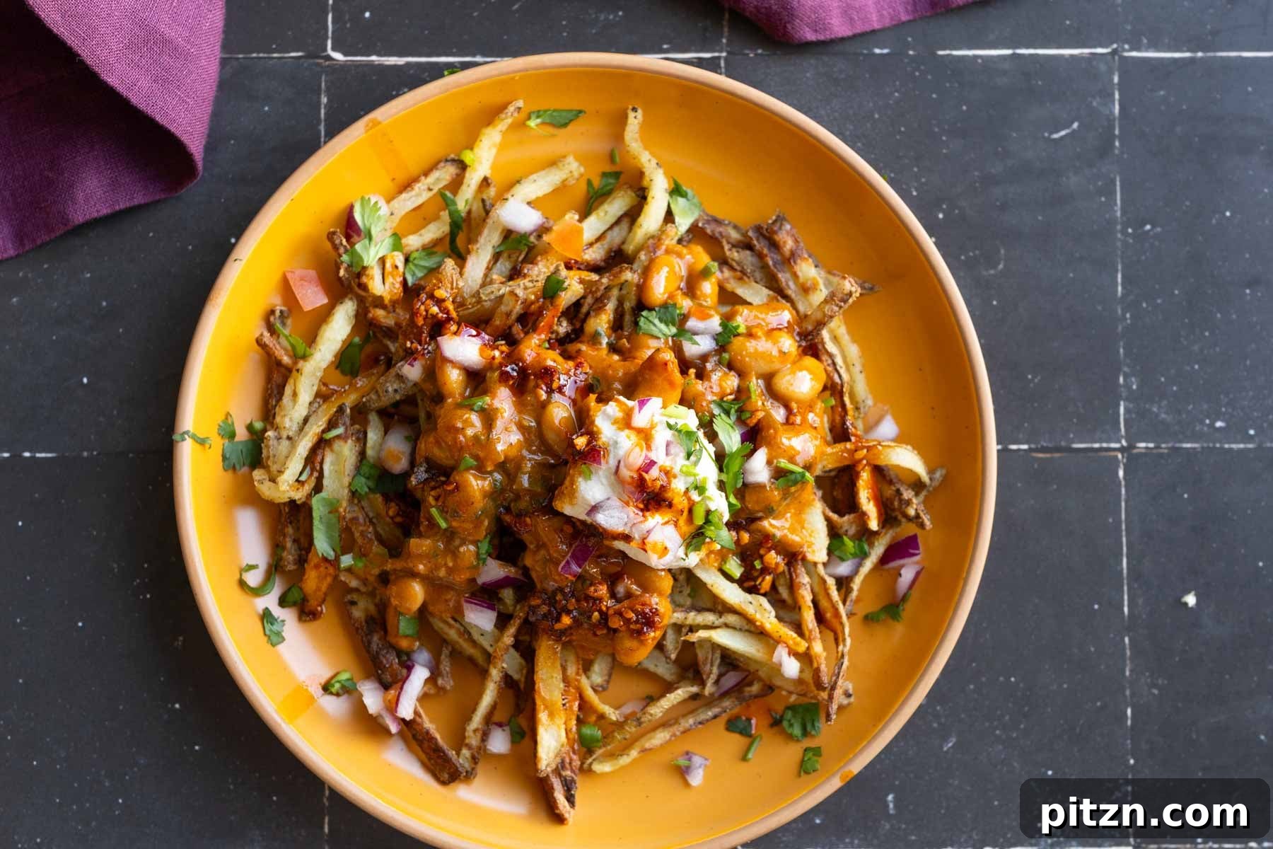Chili Ginger Garlic Beans with Cumin Whipped Tofu and Onion Salad 10 chili fries made with the chili garlic beans