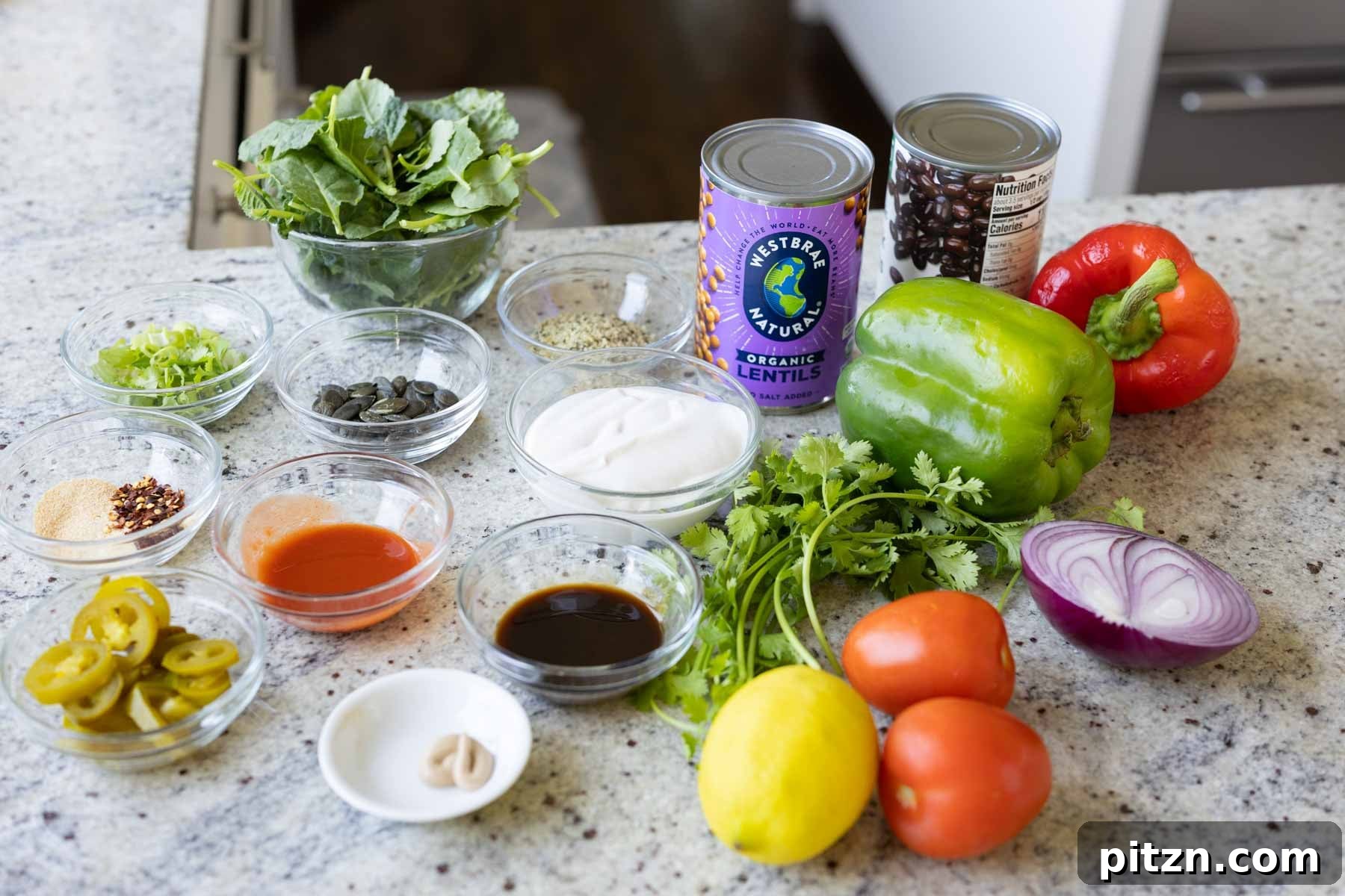 dense bean salad ingredients on the kitchen counter