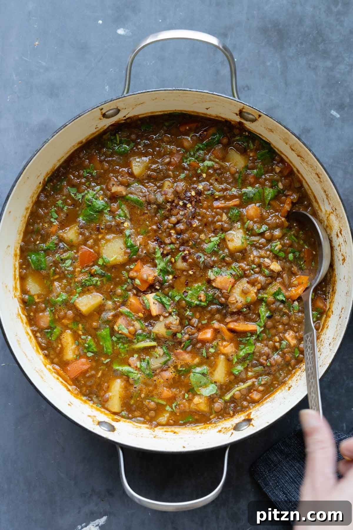 Creamy Lentil and Potato Soup with Crunchy Seed Topping 3 spoon serving some lentil potato soup from the pot