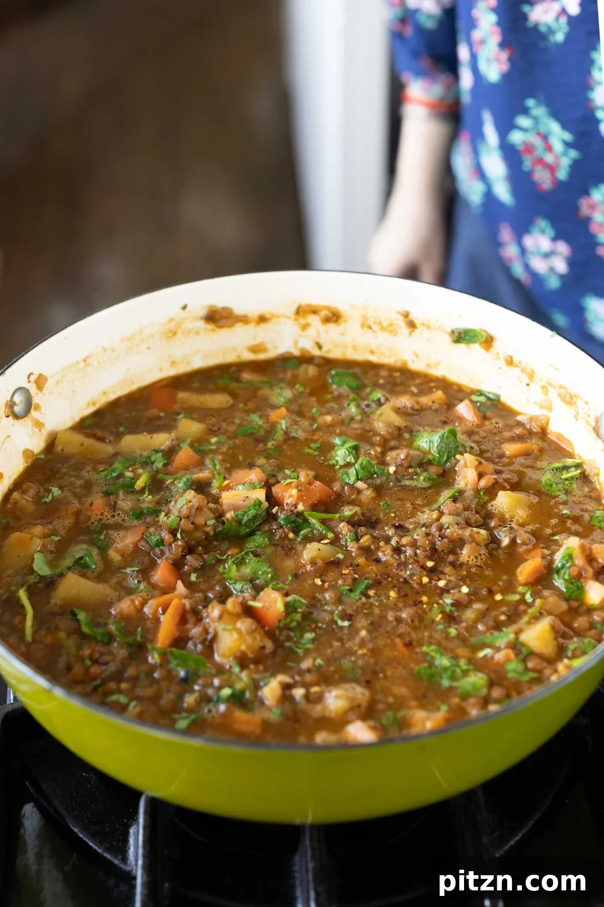 Creamy Lentil and Potato Soup with Crunchy Seed Topping 4 lentil potato soup in the pan after cooking